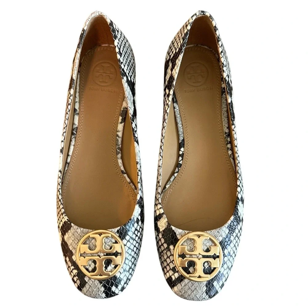Tory Burch Chelsea Snake Embossed Ballet Flats Gold Logo Block Heel Size 7.5